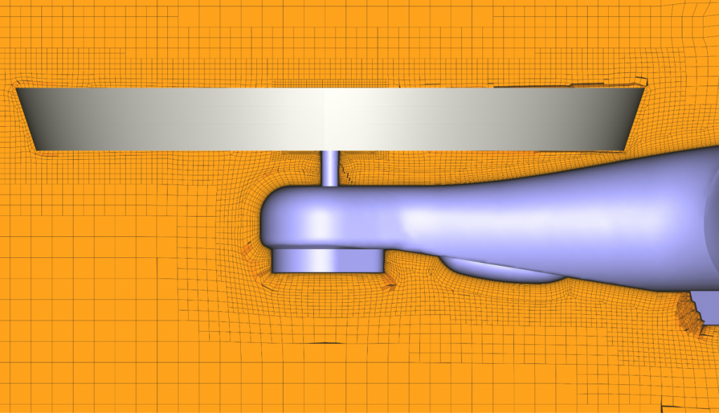 Rotating block (in grey) and volume mesh around the quadcopter airframe