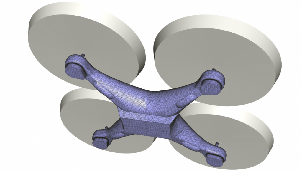 Rotating blocks (in grey) and surface mesh on the quadcopter airframe. A graphical mirroring is applied to a sector to recover a full drone geometry for visualisation purposes