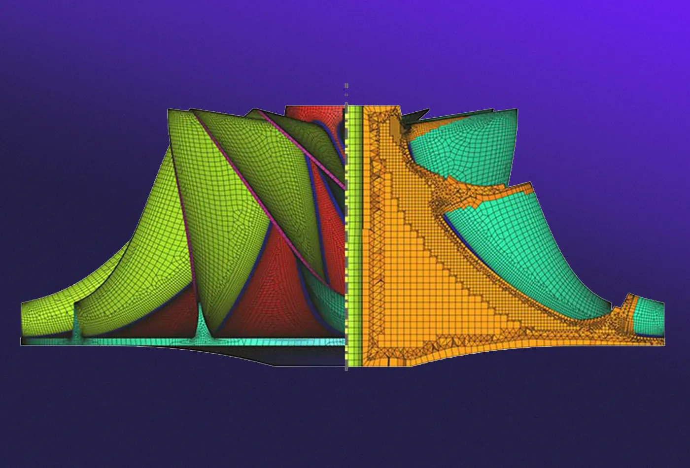 Oberflächen- und Volumennetz eines Impeller- Festkörpers mit Surface to Volumen (S2V) Methode in Fidelity Hexpress vernetzt