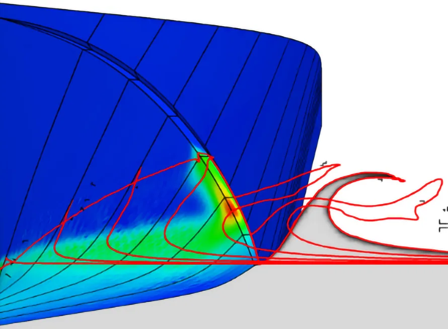 Bow wave profile at various hull stations and hydrodynamic pressure on the hull at 55 knots