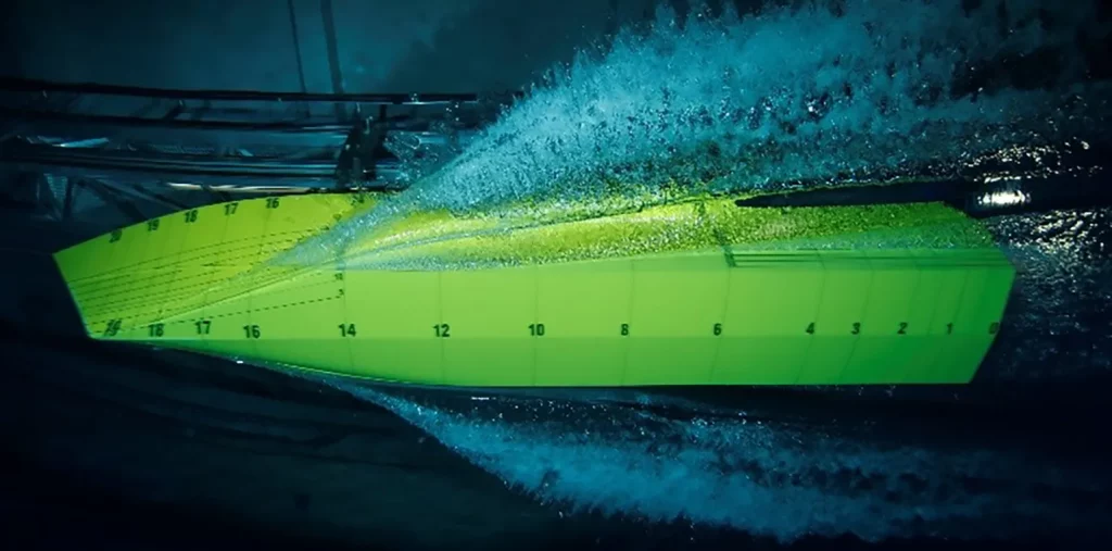 Bottom view of the hull and wave pattern